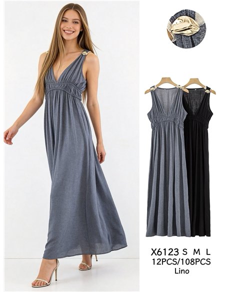 Vestido largo escote pico con detalle metálico