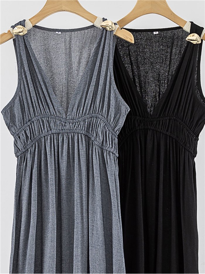 Vestido largo escote pico con detalle metálico