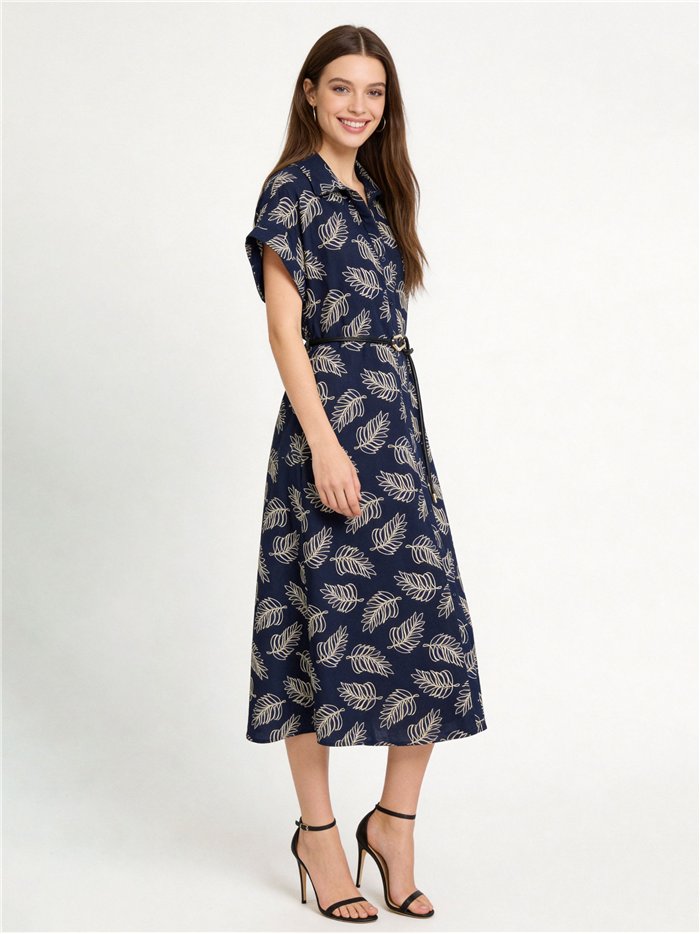 Vestido camisero midi estampado hojas con cinturón