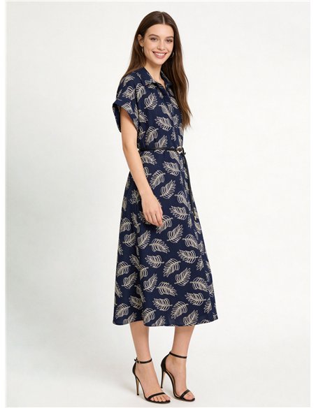 Vestido camisero midi estampado hojas con cinturón