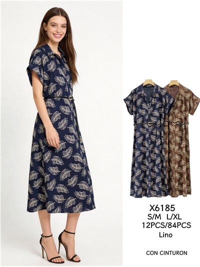 Vestido camisero midi estampado hojas con cinturón 2