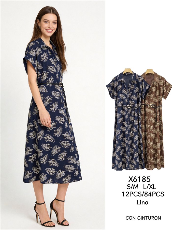 Vestido camisero midi estampado hojas con cinturón