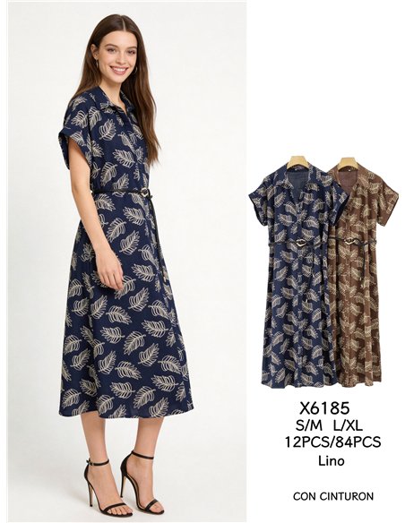 Vestido camisero midi estampado hojas con cinturón