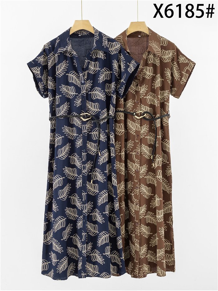 Vestido camisero midi estampado hojas con cinturón