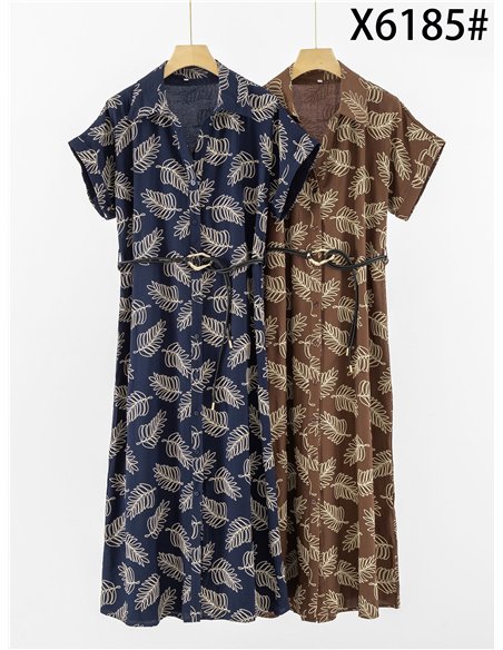 Vestido camisero midi estampado hojas con cinturón