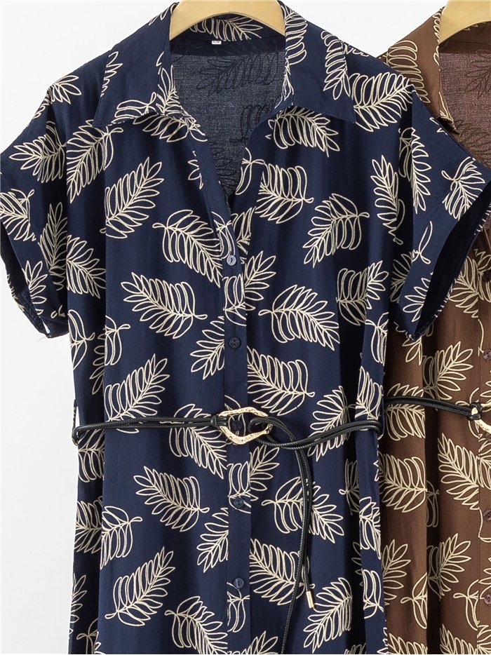 Vestido camisero midi estampado hojas con cinturón