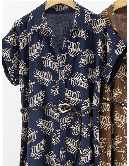 Vestido camisero midi estampado hojas con cinturón