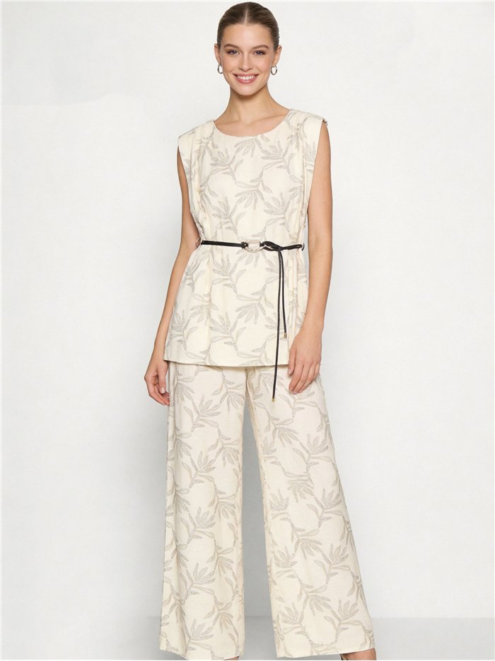 Conjunto blusa estampada hojas con cinturón y pantalón wide-leg