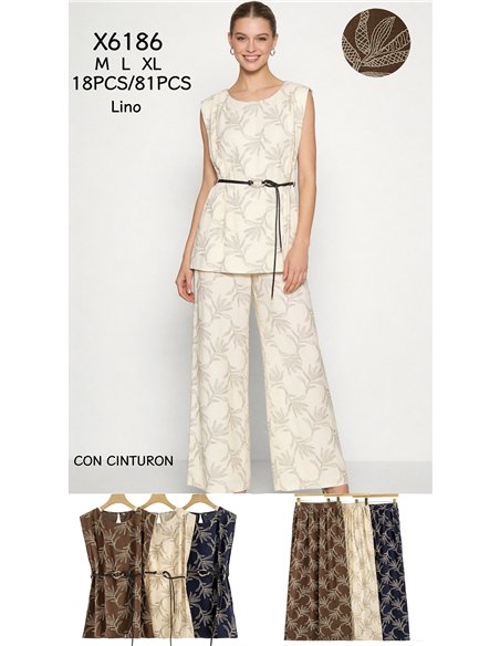 Conjunto blusa estampada hojas con cinturón y pantalón wide-leg