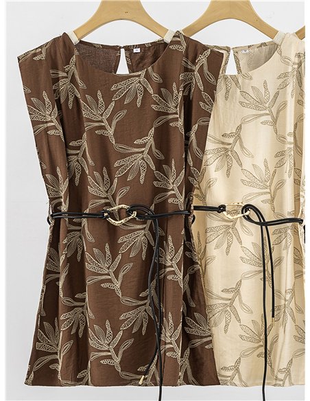 Conjunto blusa estampada hojas con cinturón y pantalón wide-leg