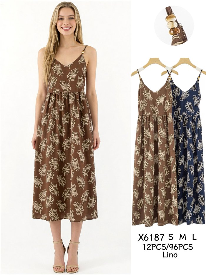 Vestido midi de tirantes estampado hojas