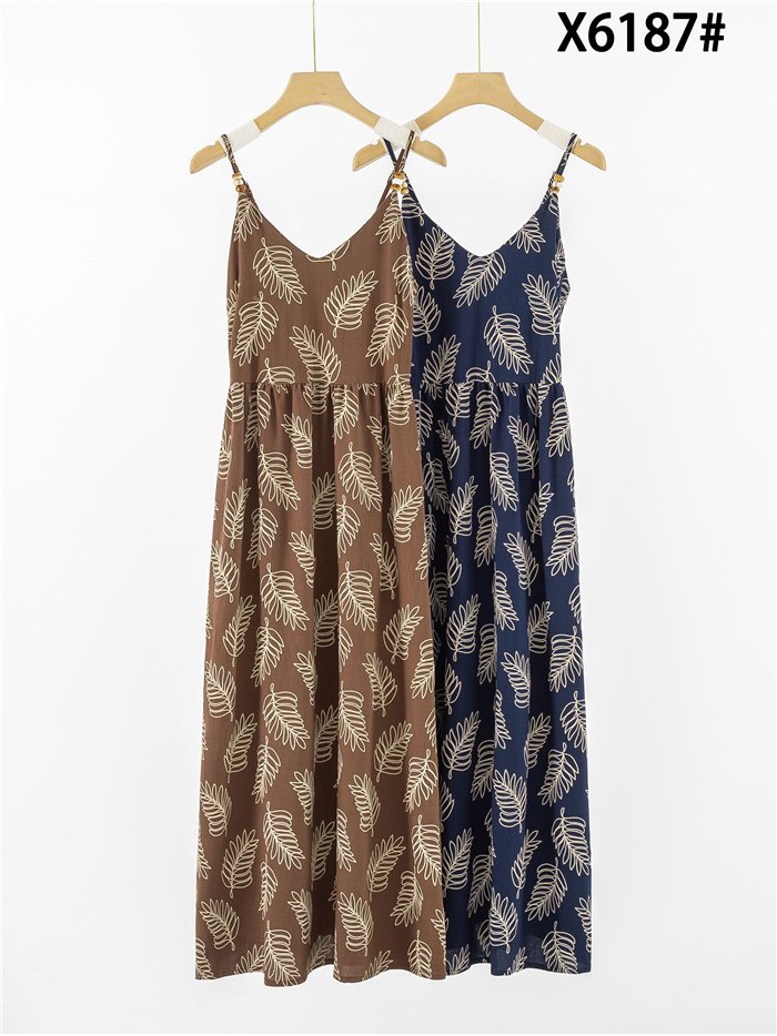 Vestido midi de tirantes estampado hojas