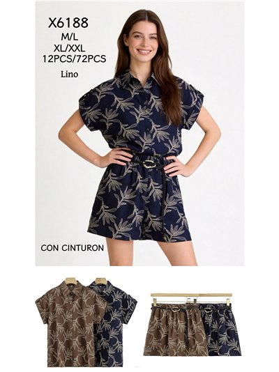 Conjunto camisa estampado hojas y short con cinturón 2