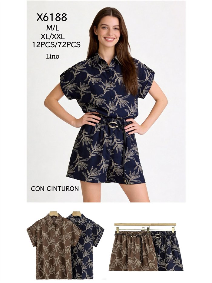 Conjunto camisa estampado hojas y short con cinturón