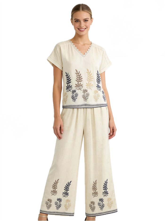 Conjunto blusa bordada de hojas y pantalón wide-leg