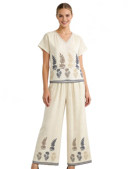 Conjunto blusa bordada de hojas y pantalón wide-leg