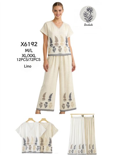 Conjunto blusa bordada de hojas y pantalón wide-leg 2