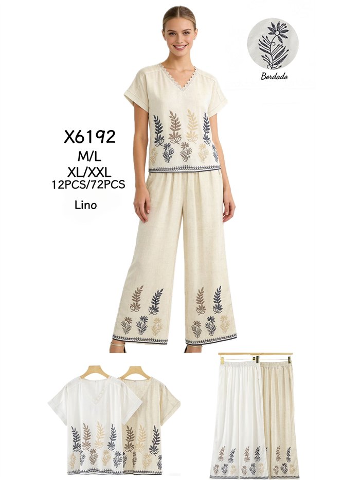 Conjunto blusa bordada de hojas y pantalón wide-leg