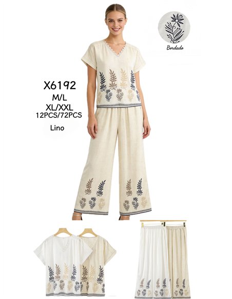 Conjunto blusa bordada de hojas y pantalón wide-leg