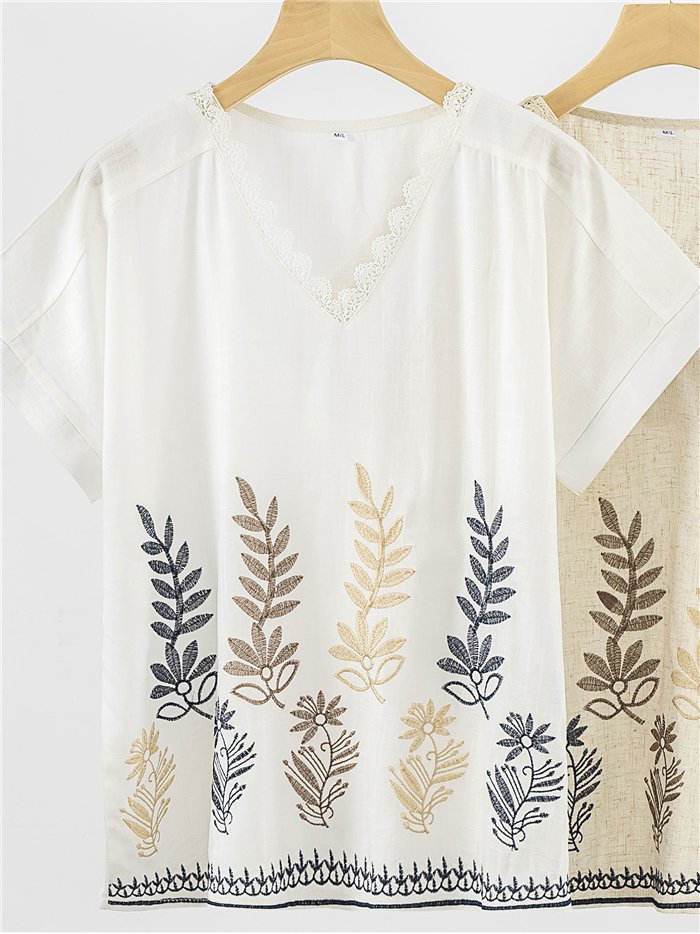 Conjunto blusa bordada de hojas y pantalón wide-leg