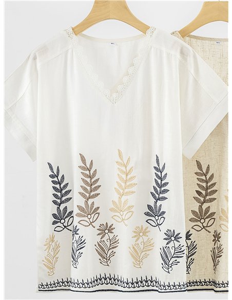 Conjunto blusa bordada de hojas y pantalón wide-leg