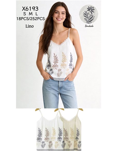 Top de tirantes con bordado de hojas y puntillas