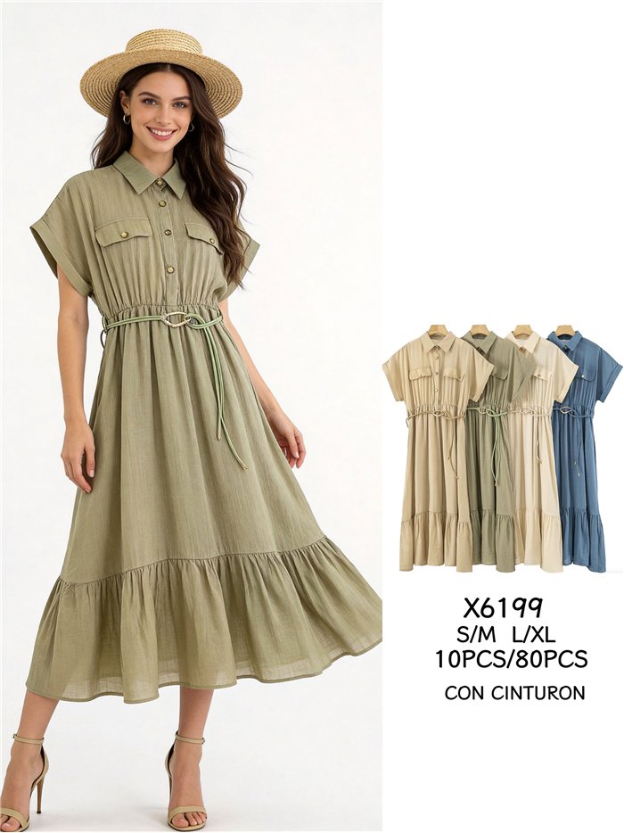 Vestido camisero midi con cinturón