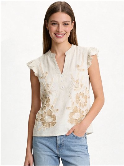 Blusa sin mangas bordada floral con volante