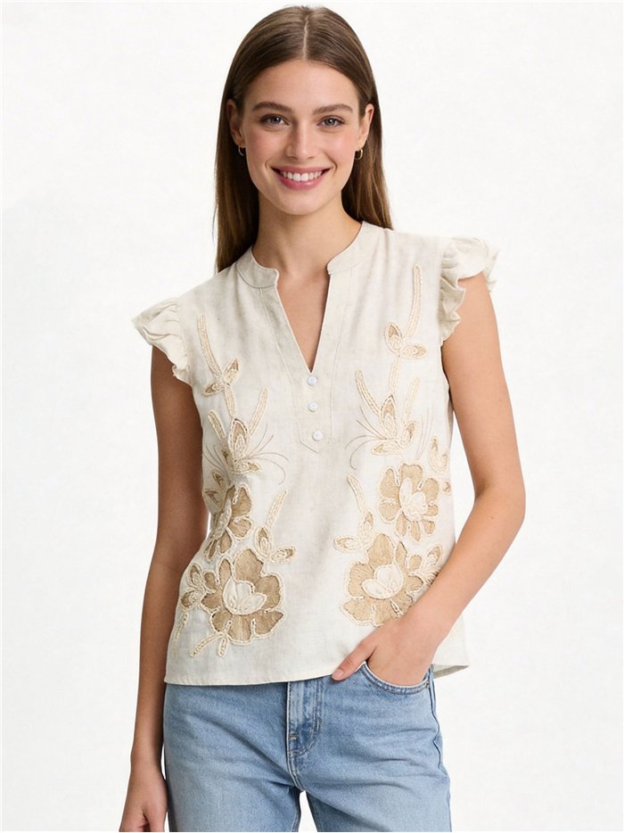 Blusa sin mangas bordada floral con volante