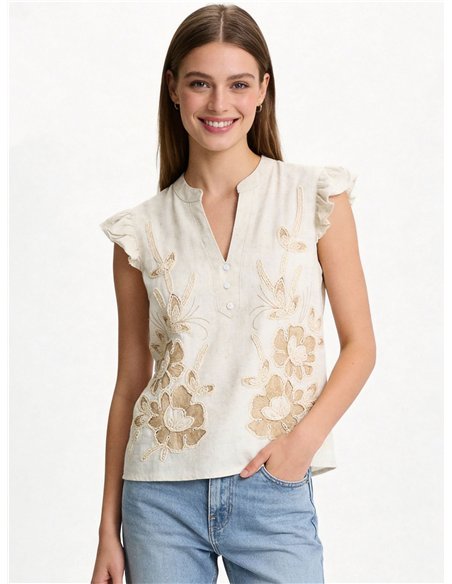 Blusa sin mangas bordada floral con volante