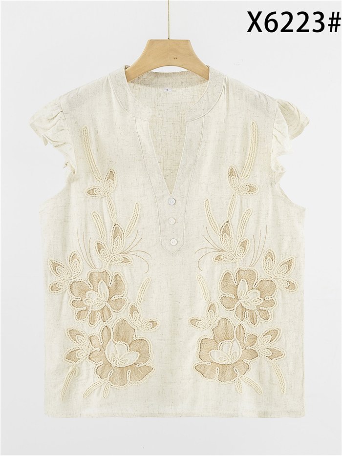 Blusa sin mangas bordada floral con volante
