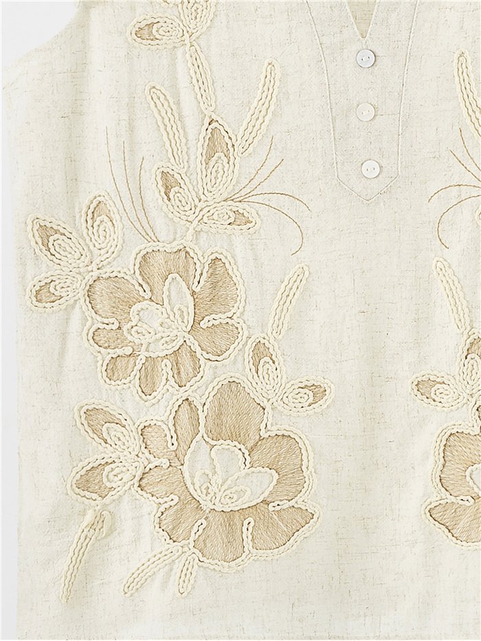 Blusa sin mangas bordada floral con volante