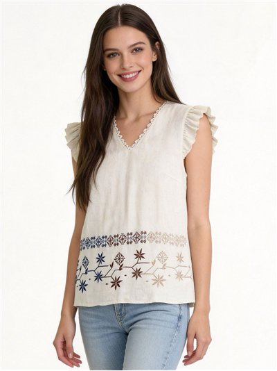 Blusa volante con bordado botánico multicolor