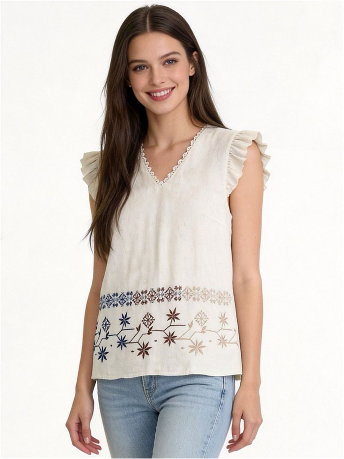 Blusa volante con bordado botánico multicolor