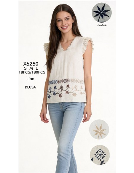 Blusa volante con bordado botánico multicolor