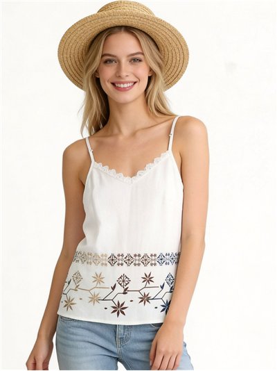 Top de tirantes con bordado geométrico multicolor y puntillas