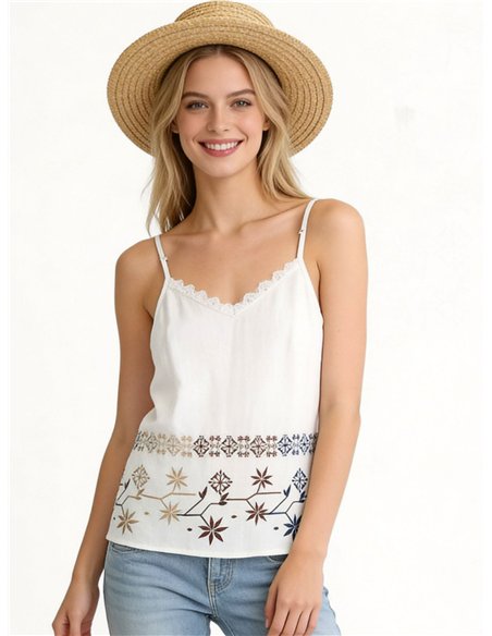 Top de tirantes con bordado geométrico multicolor y puntillas