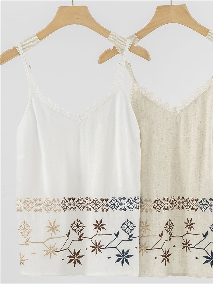 Top de tirantes con bordado geométrico multicolor y puntillas