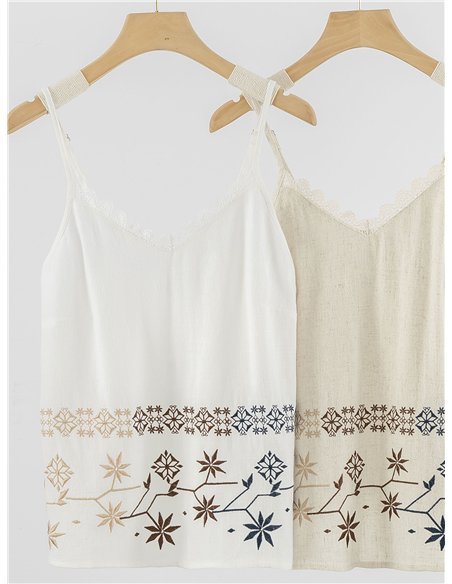 Top de tirantes con bordado geométrico multicolor y puntillas