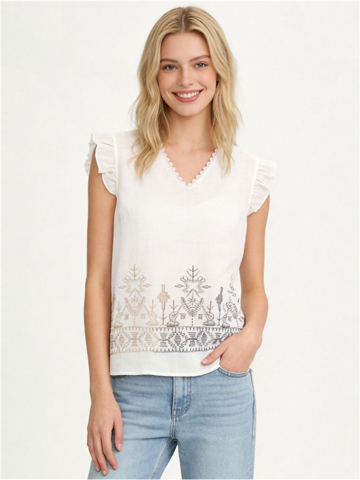 Blusa volante con bordado geométrico multicolor y puntillas