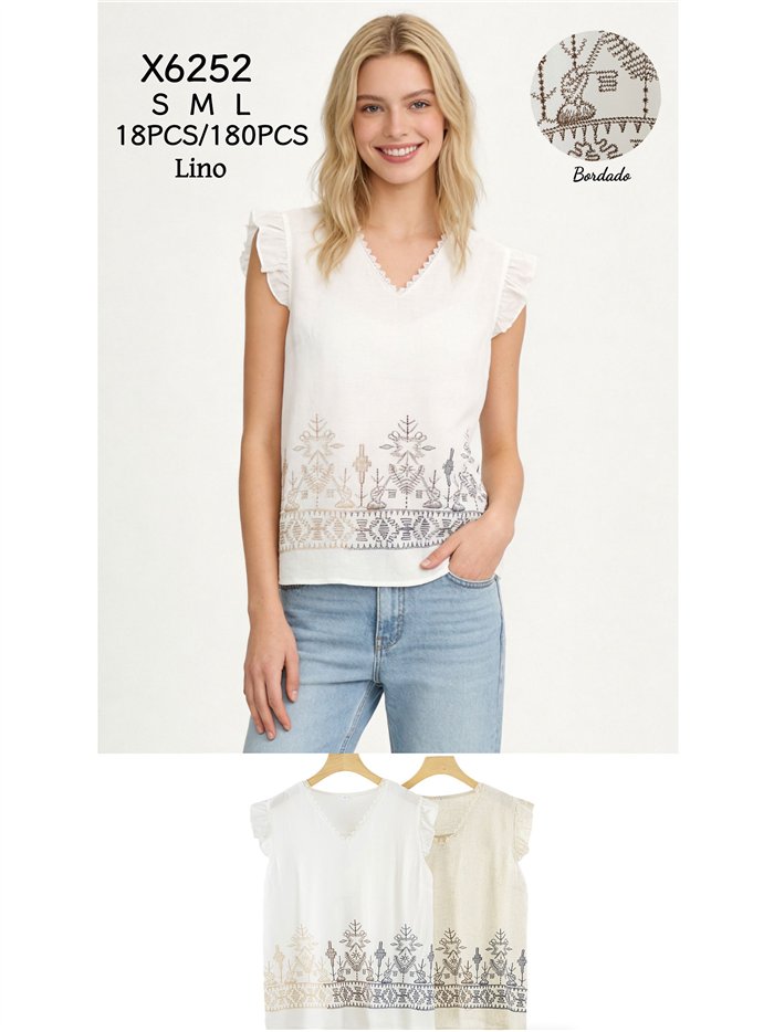 Blusa volante con bordado geométrico multicolor y puntillas