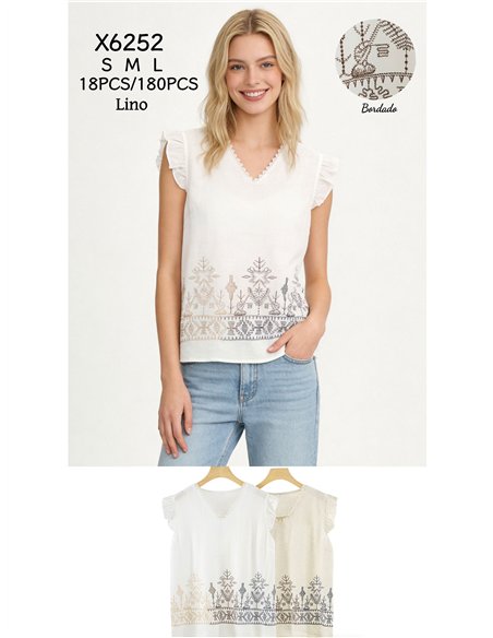 Blusa volante con bordado geométrico multicolor y puntillas