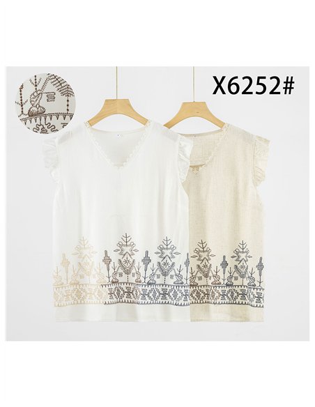 Blusa volante con bordado geométrico multicolor y puntillas