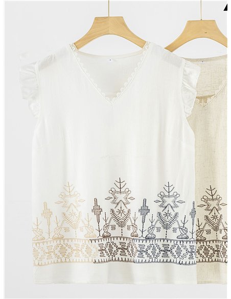 Blusa volante con bordado geométrico multicolor y puntillas