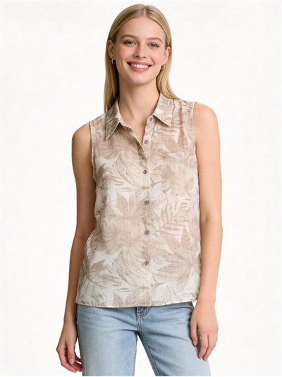 Blusa sin mangas estampado hojas tropicales con strass