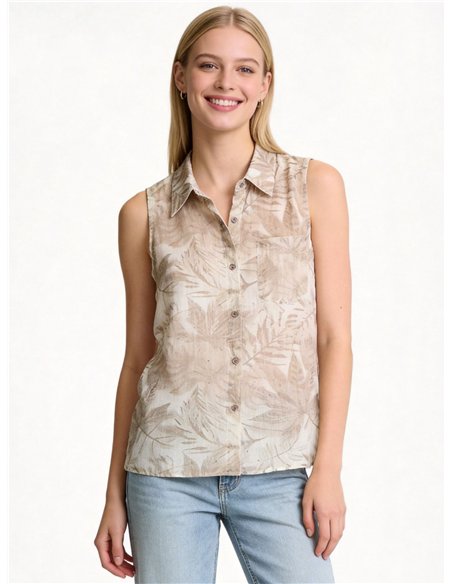 Blusa sin mangas estampado hojas tropicales con strass