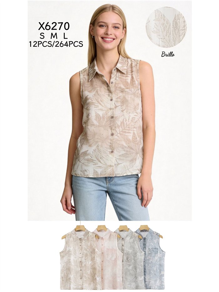Blusa sin mangas estampado hojas tropicales con strass