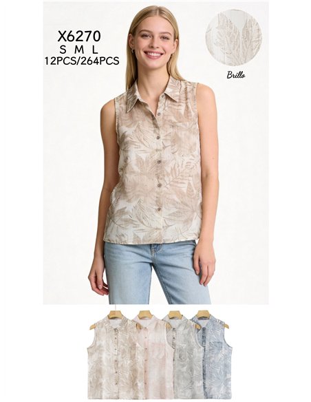 Blusa sin mangas estampado hojas tropicales con strass