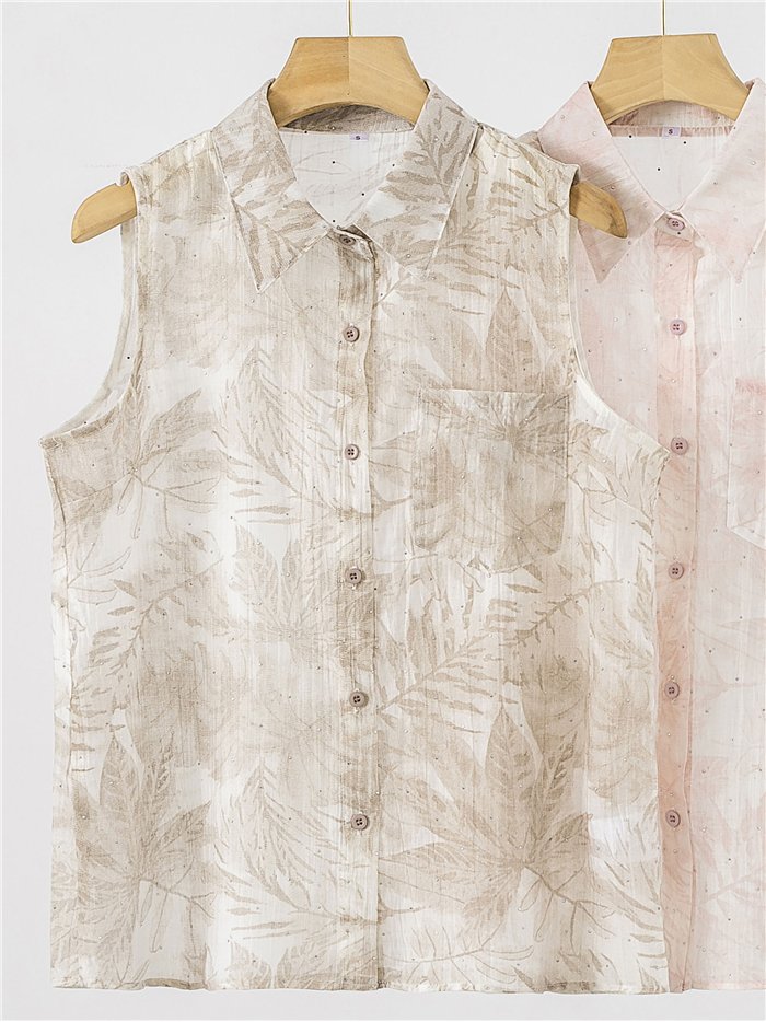 Blusa sin mangas estampado hojas tropicales con strass