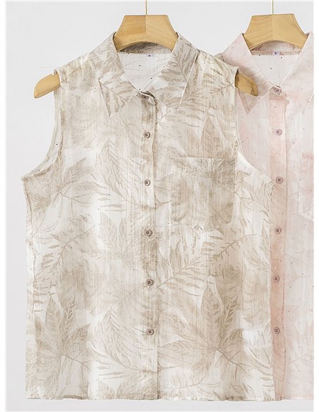 Blusa sin mangas estampado hojas tropicales con strass